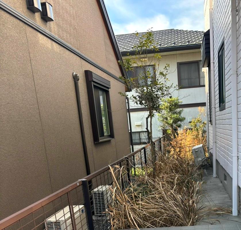 住宅間の通路に雑草が伸びている施工前の様子